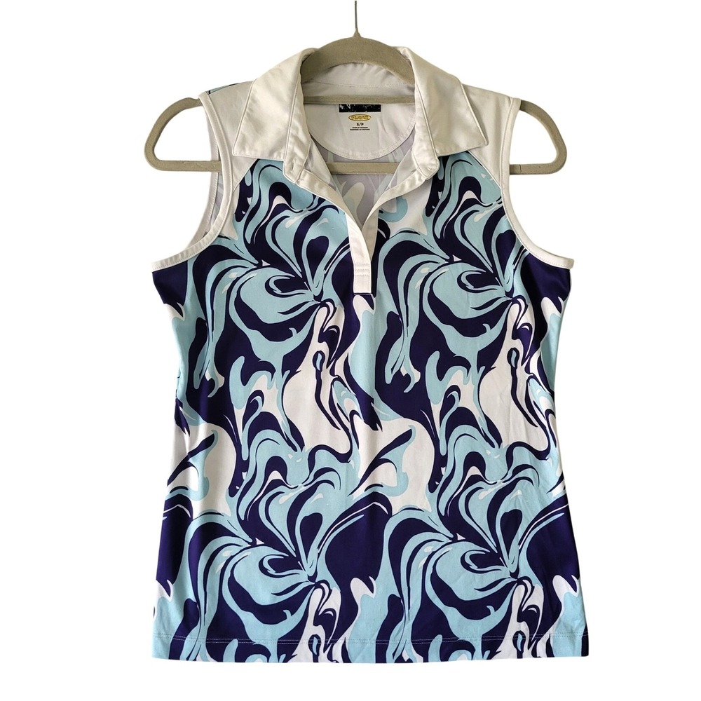 GREG NORMAN Play‎ Dry Tennis Golf Top Womens Small Sleeveless Pattern Blue Swirl
